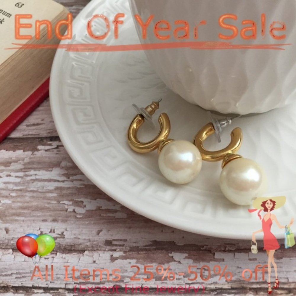 Faux Pearl on Gold tone Hoop Earrings 1.5”